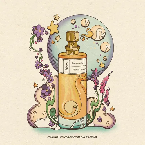 Ffern perfume bottle with lavender and flowers, illustrated by Laura Greenan