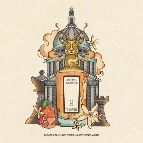 Laura Greenan illustration of a Penhaligon's perfume bottle with floral motifs