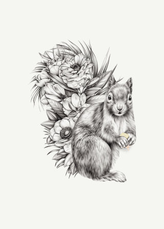 铅笔画《花丛中的松鼠》