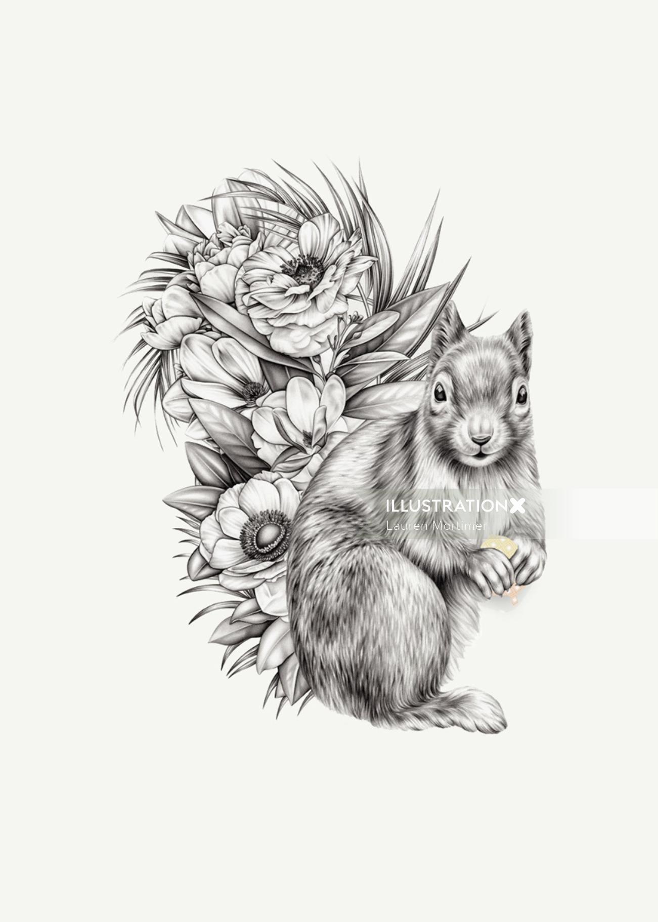 Desenho a lápis de esquilo em flores