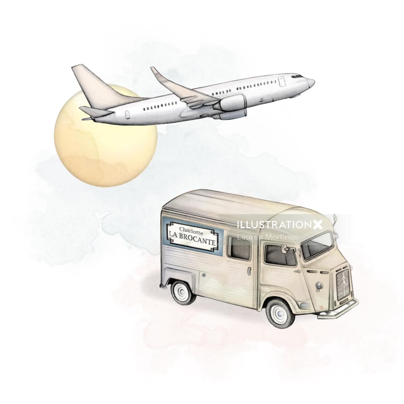 Desenho de ônibus e avião