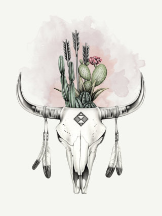 Dibujo a lápiz de cráneo de vaca con cactus.