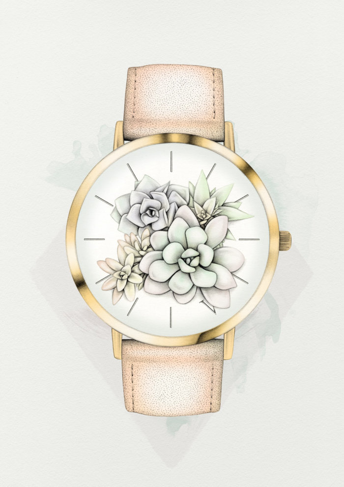 Ilustração em aquarela de relógio floral por Lauren Mortimer