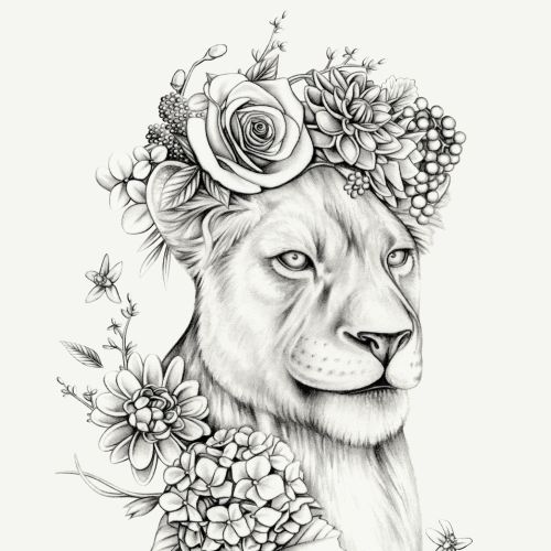 Botanical art of Lioness with Flower Crown 