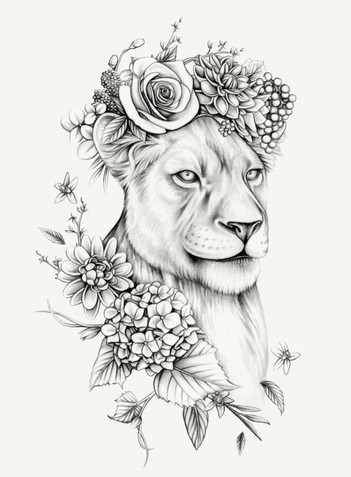 Arte botánico de leona con corona de flores