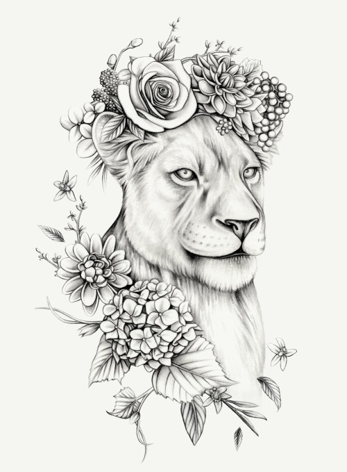 lioness with flowers drawing