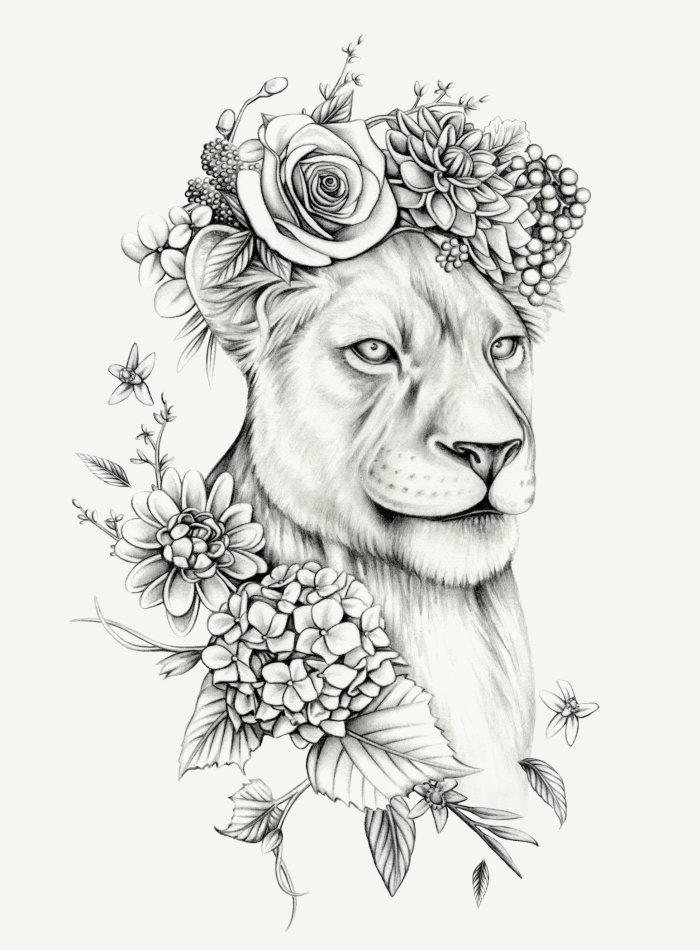 Arte botânica da leoa com coroa de flores