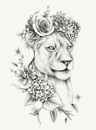 Botanical art of Lioness with Flower Crown 