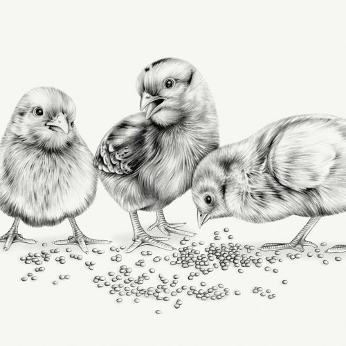 Black and white art of Chicks eating seeds