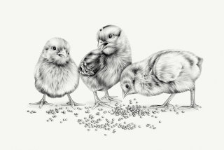 Arte en blanco y negro de polluelos comiendo semillas.