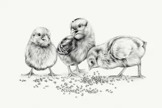 Black and white art of Chicks eating seeds