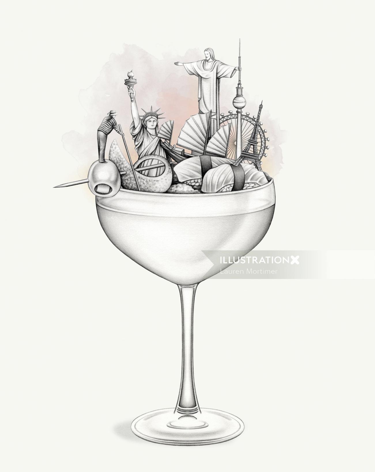 Editorial illustration of cocktails in 8 cities