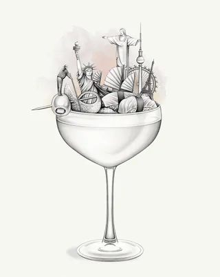 Editorial illustration of cocktails in 8 cities