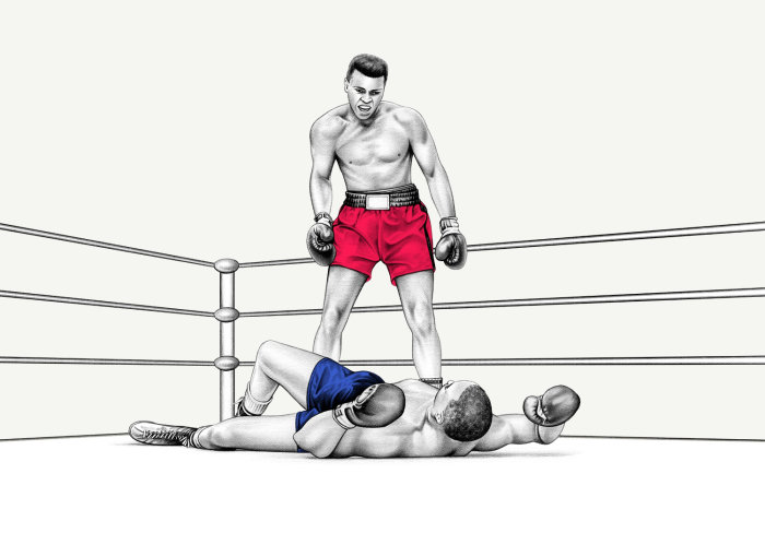 Une illustration aux lignes épurées et aux couleurs d'un combat de Muhammad Ali