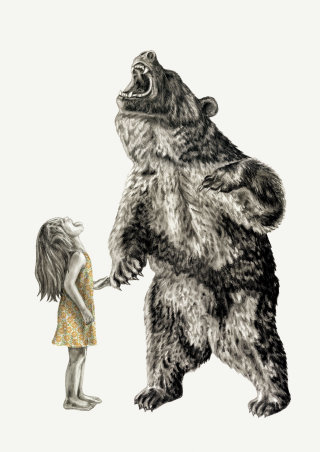 Representação em preto e branco de um urso que ruge