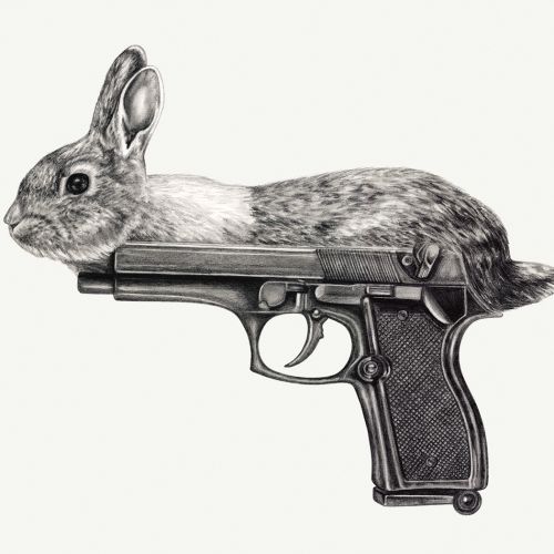 Bunny-themed gun in black and white art