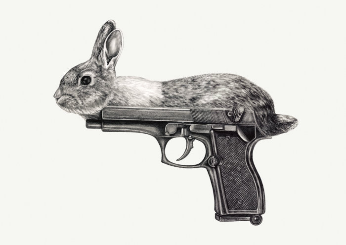 Bunny-themed gun in black and white art
