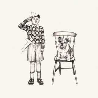 Art de style vintage représentant un soldat accompagné d'un chien