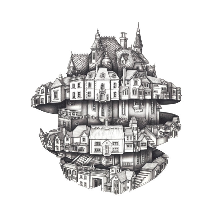 “小，大”书籍封面的房子线条插图