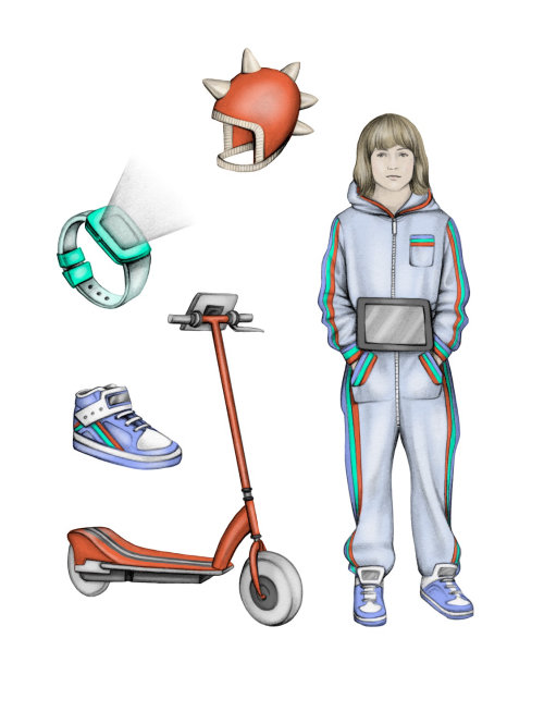 Silueta de niño con scooter, zapatillas, casco y reloj