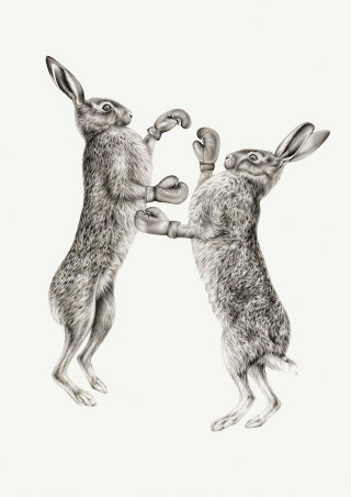 ボクシングウサギ - 写実的な絵画