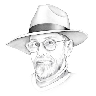 Desenho a lápis de um velho usando chapéu