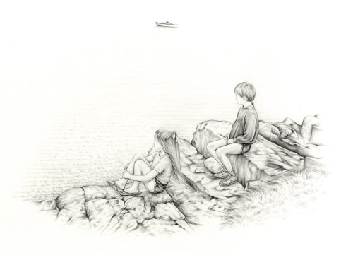 Line art of two kids sit together on a lake 