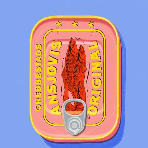 Illustration of a canned fish with bright colors and text
