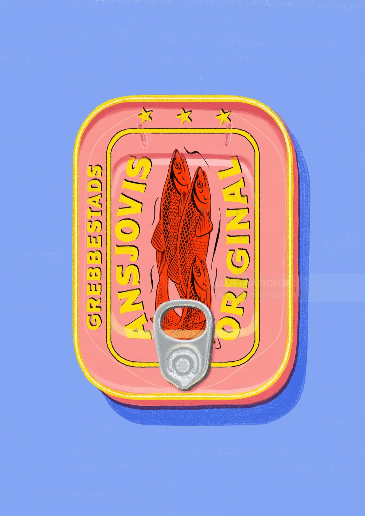 Illustration of a canned fish with bright colors and text
