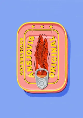 Illustration of a canned fish with bright colors and text