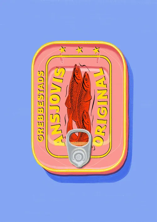 Illustration of a canned fish with bright colors and text