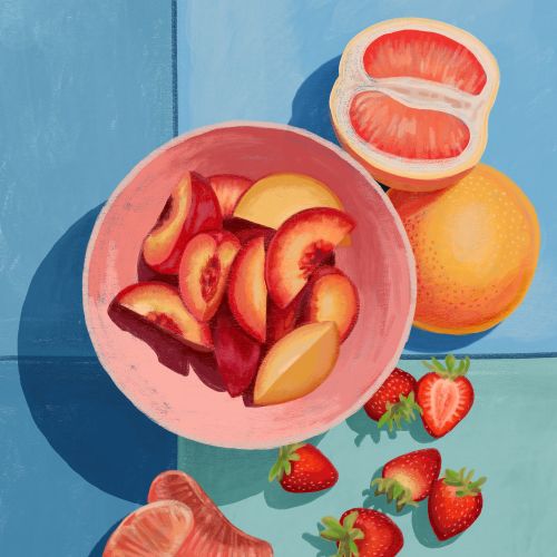 Bowl of sliced plums and nectarines with strawberries and orange segments
