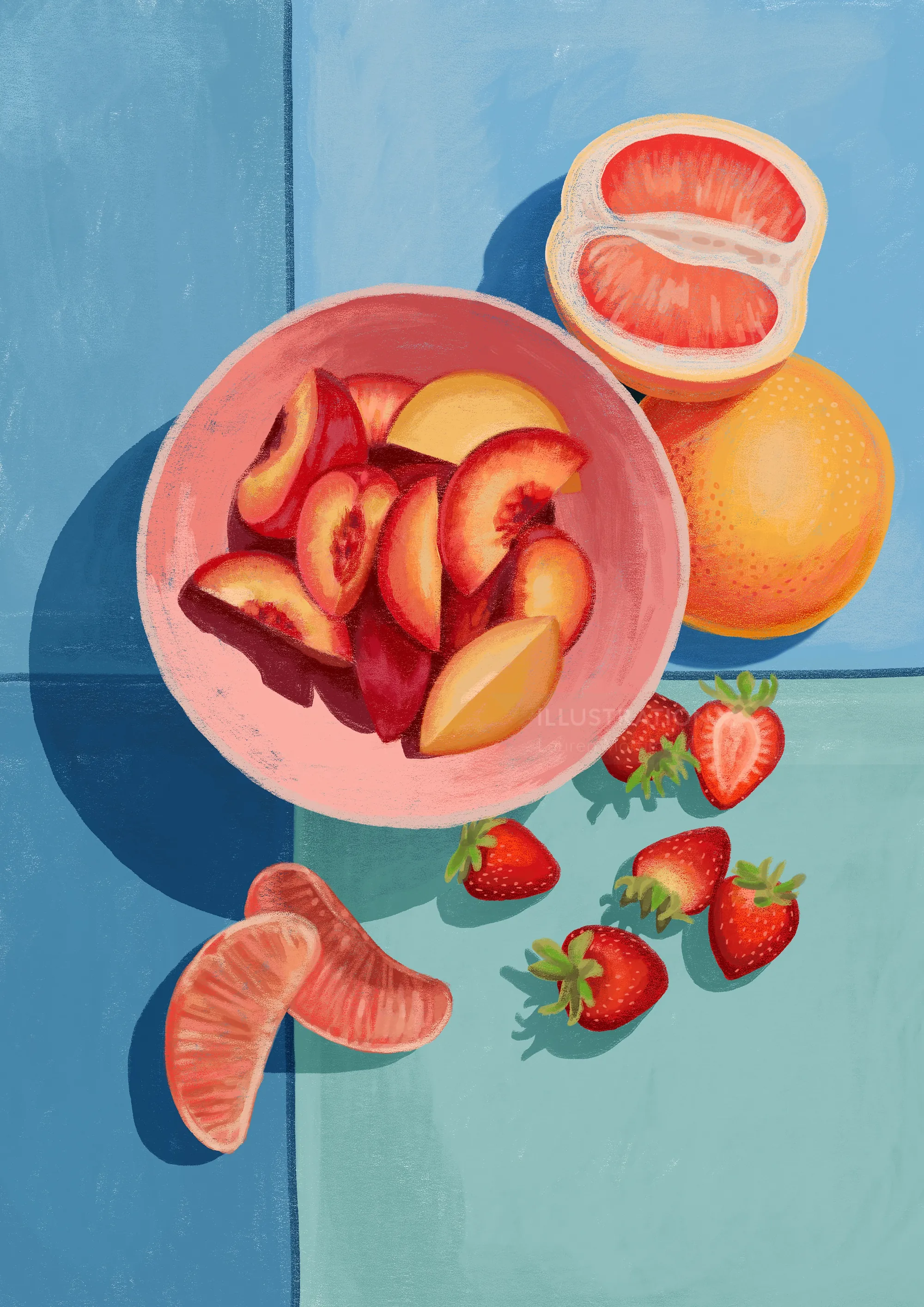 Bowl of sliced plums and nectarines with strawberries and orange segments
