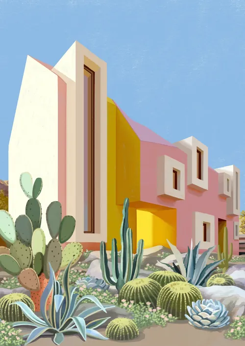 Modern desert house surrounded by various cacti and succulents