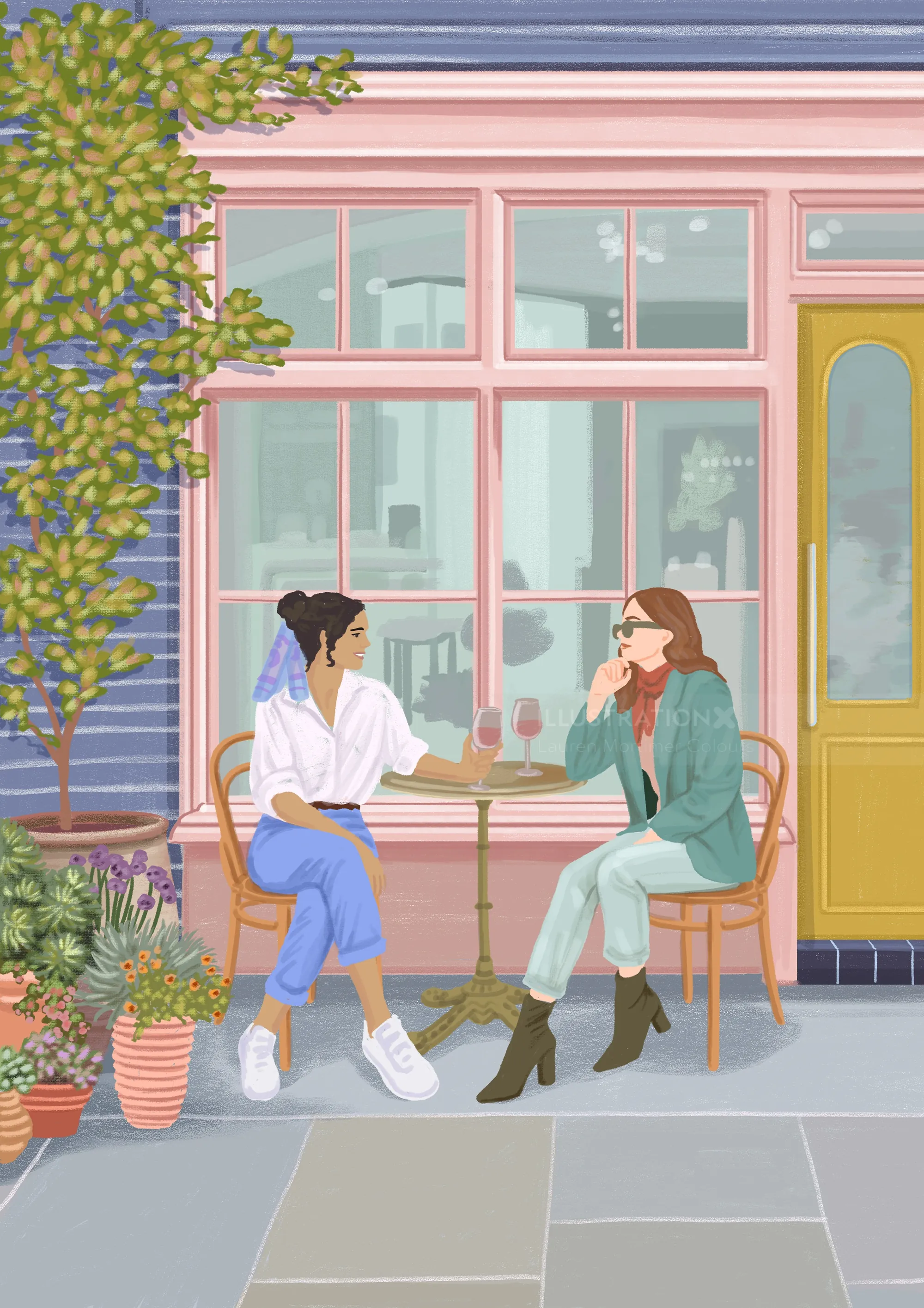 Two women drinking coffee and chatting at outdoor café seating