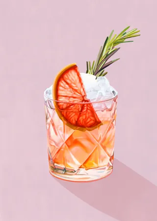 Cocktail glass with grapefruit slice and rosemary garnish on pink background
