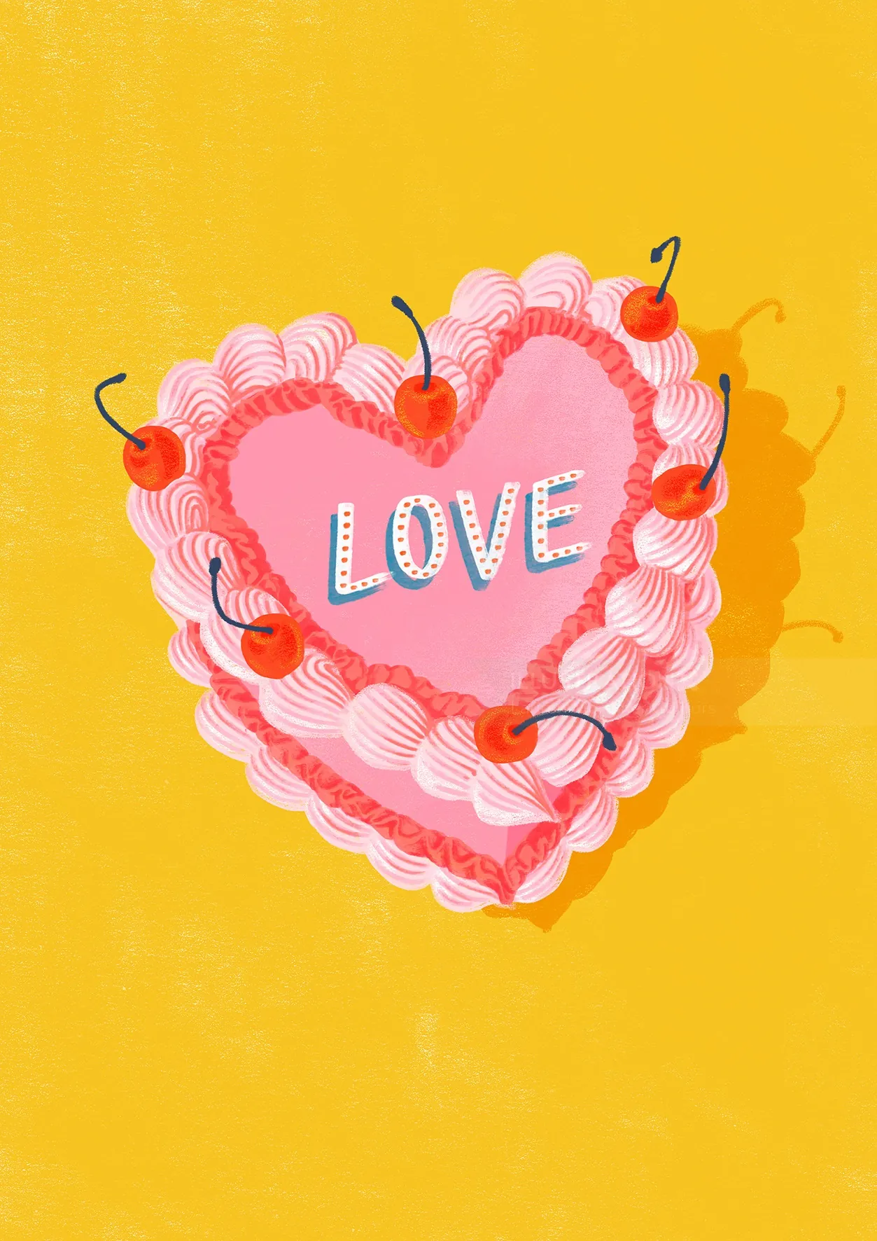 Heart-shaped pink cake with cherries spelling love