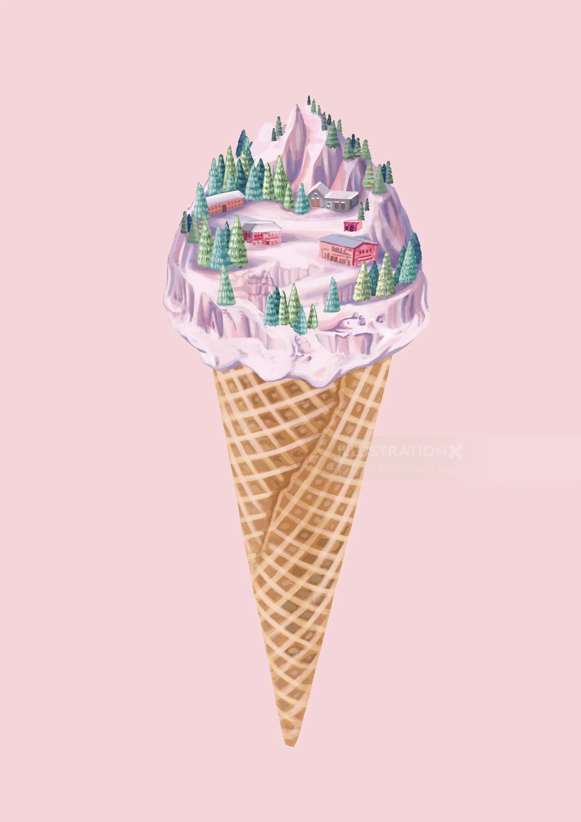 Ice cream cone topped with a mountainous forest scene