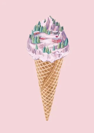 Ice cream cone topped with a mountainous forest scene