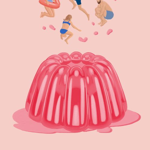 People and pets jumping out of big pink jelly dessert