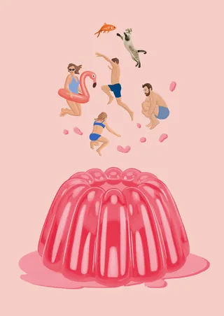People and pets jumping out of big pink jelly dessert