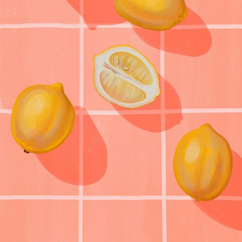 Five yellow lemons on a pink checkered background, one cut in half