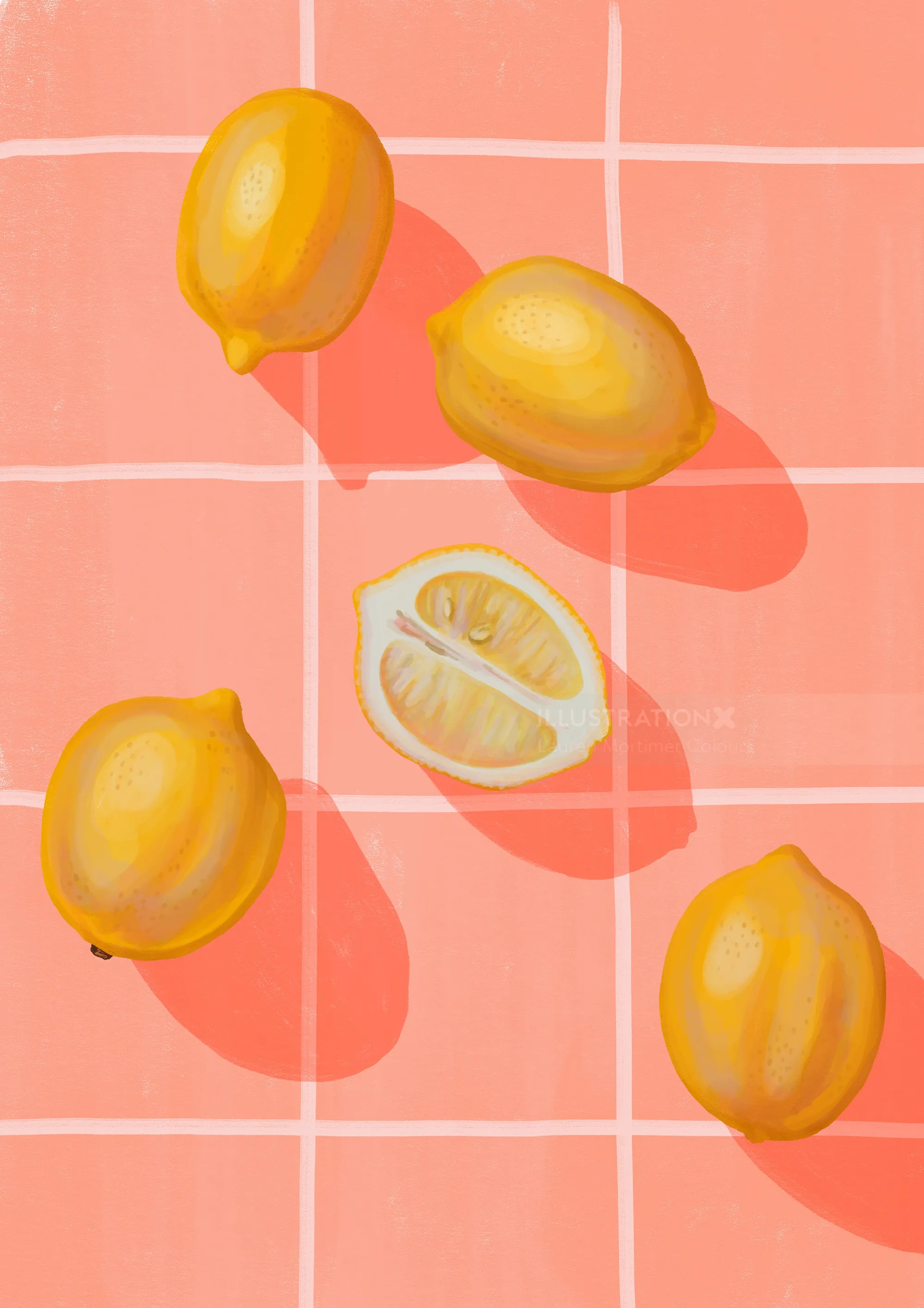 Five yellow lemons on a pink checkered background, one cut in half