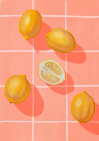 Five yellow lemons on a pink checkered background, one cut in half
