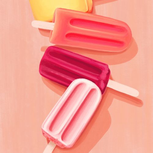 Five colorful popsicles on wooden surface in soft light