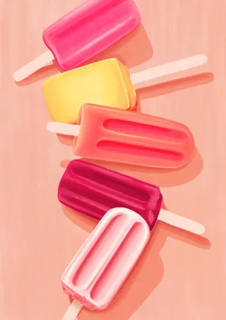 Five colorful popsicles on wooden surface in soft light