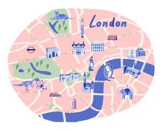 Illustrated London map with key landmarks and the River Thames