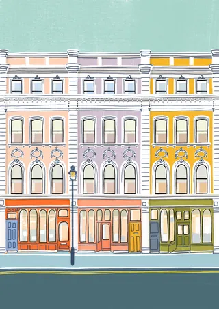 Colorful vintage townhouses with ornate windows and doors illustration