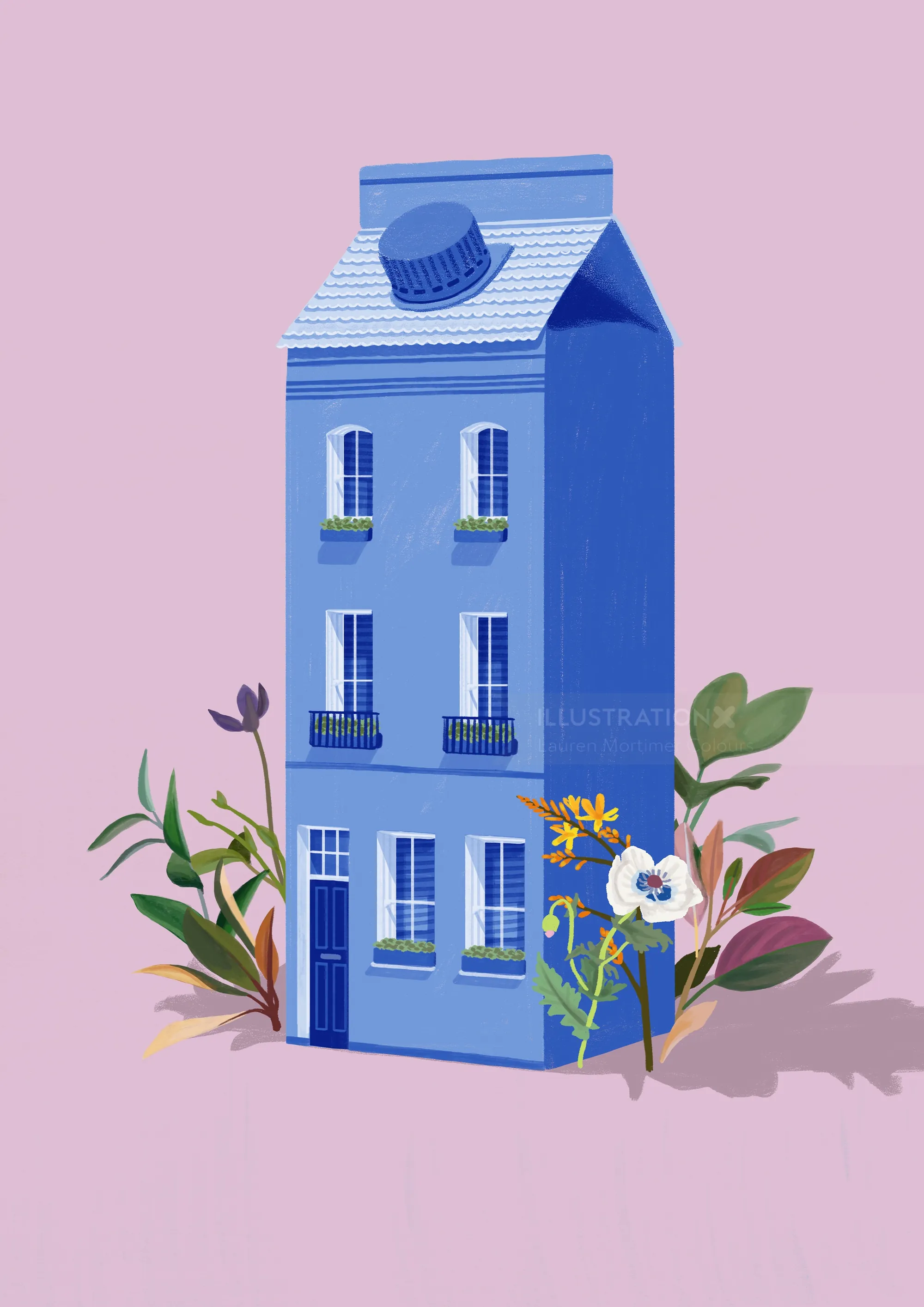 Blue milk carton designed as a house with flowers and leaves