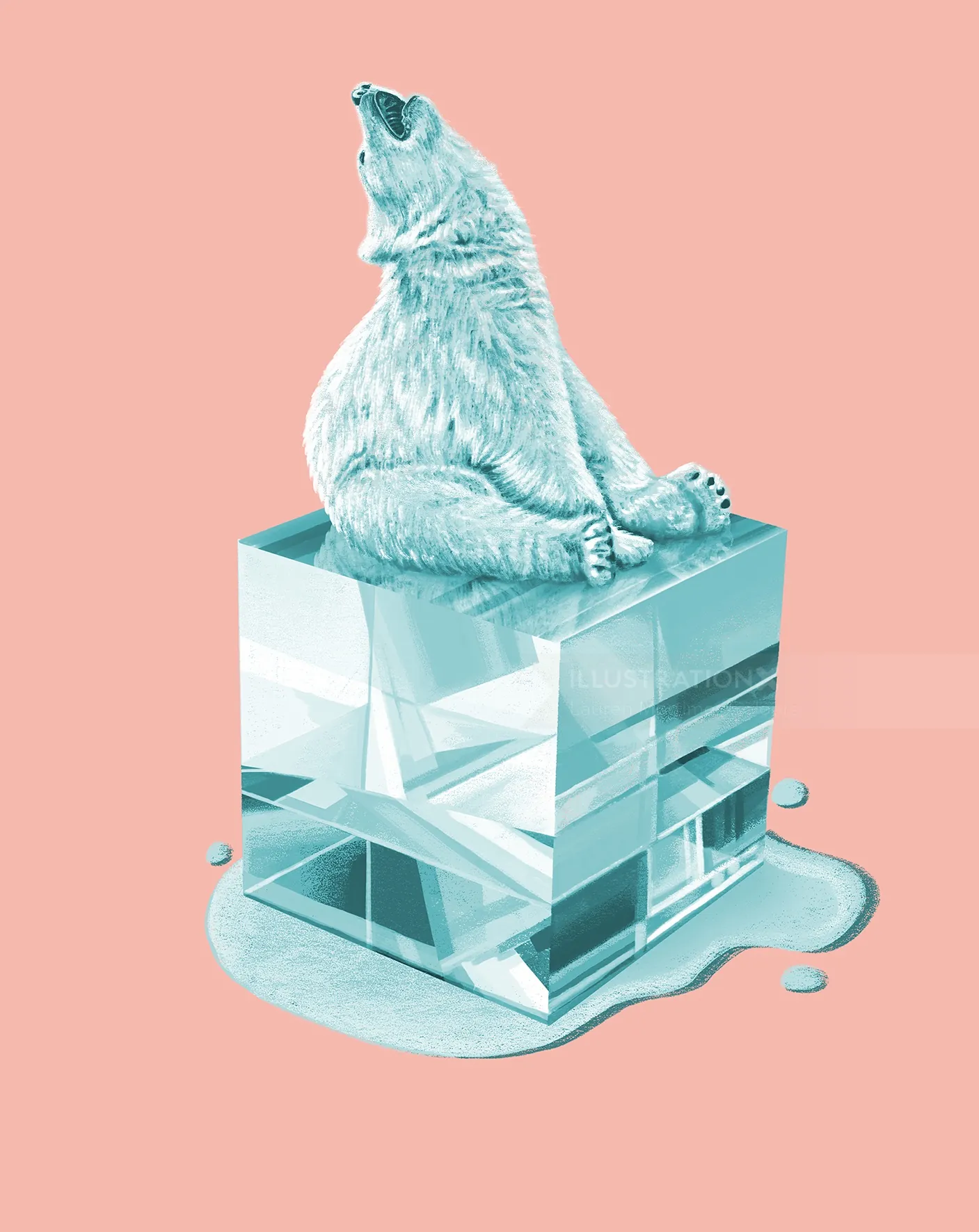 Polar bear howling on melting ice cube with pink background